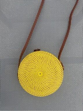 From Bali Yellow Woven Round Crossbody Bag with Brown Strap